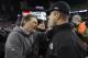 New England Patriots head coach Bill Belichick greets Baltimore Ravens head coach John Harbaugh, right, after the AFC Championship NFL football game Sunday, Jan. 22, 2012, in Foxborough, Mass. The Patriots defeated the Ravens 23-20 to win the AFC Championship. (AP Photo/Matt Slocum)