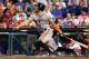 Jul 23, 2014; Philadelphia, PA, USA; San Francisco Giants right fielder Hunter Pence (8) hits a three RBI double in the ninth inning of a game against the Philadelphia Phillies at Citizens Bank Park. The Giants won 3-1. Mandatory Credit: Bill Streicher-USA TODAY Sports