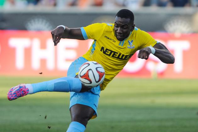 Jul 25, 2014; Chester, PA, USA; Crystal Palace midfielder Yannick Bolasie (7) gains control of the ball during the first half of the match against the Philadelphia Union at PPL Park. Mandatory Credit: John Geliebter-USA TODAY Sports