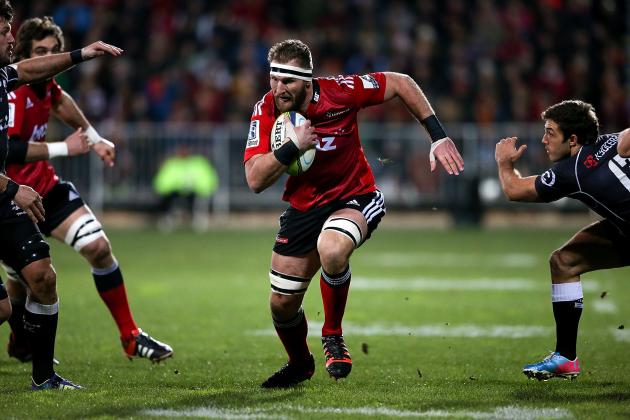 CHRISTCHURCH, NEW ZEALAND - JULY 26: Kieran Read of the Crusaders breaks through a tackle during the Super Ruby Semi Final match between the Crusaders and the Sharks at AMI Stadium on July 26, 2014 in Christchurch, New Zealand. (Photo by Martin Hunter/Getty Images)