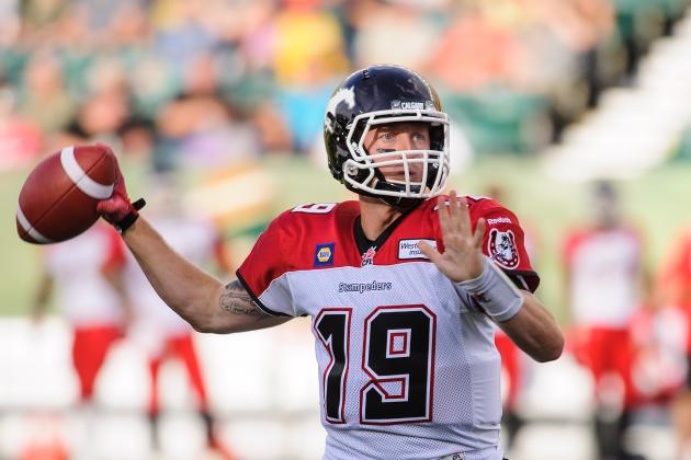 EDMONTON, AB - JULY 24: Bo Levi Mitchell #19 of the Calgary Stampeders makes a pass against the Edmonton Eskimos during a CFL game at Commonwealth Stadium on July 24, 2014 in Edmonton, Alberta, Canada. The Eskimos defeated the Stampeders 26-22. (Photo by Derek Leung/Getty Images)