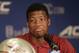 Florida State's Jameis Winston answers a question during a news conference at the Atlantic Coast Conference Football kickoff in Greensboro, N.C., Sunday, July 20, 2014. (AP Photo/Chuck Burton)