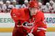 RALEIGH, NC - APRIL 10: Eric Staal #12 of the Carolina Hurricanes prepares for a faceoff during their NHL game against the Washington Capitals at PNC Arena on April 10, 2014 in Raleigh, North Carolina. (Photo by Gregg Forwerck/NHLI via Getty Images)