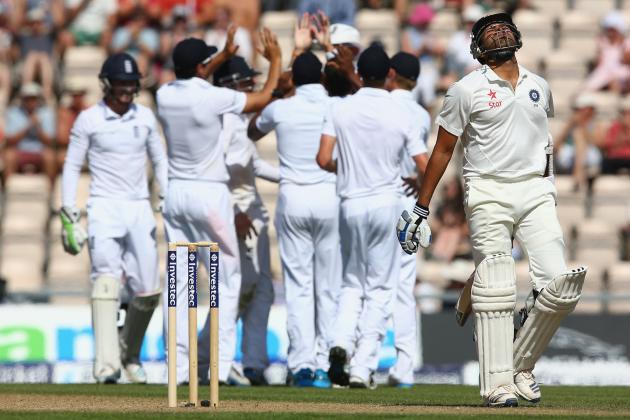 SOUTHAMPTON, ENGLAND - JULY 29: Rohit Sharma (R) of India shows his frustration after being caught by Stuart Broad off the bowling of Moeen Ali of England during day three of the 3rd Investec Test match between England and India at the Ageas Bowl at Ageas Bowl on July 29, 2014 in Southampton, England.  (Photo by Michael Steele/Getty Images)