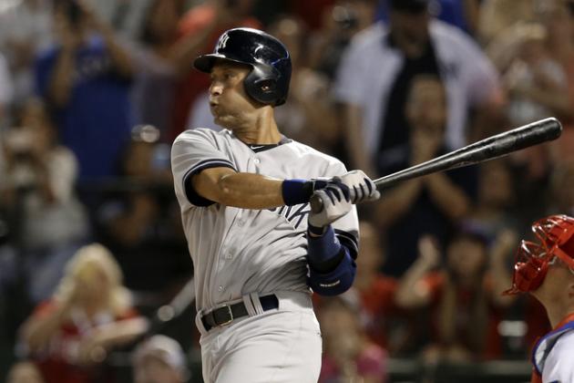 New York Yankees' Derek Jeter follows through on an infield ground out in the ninth inning of a baseball game against the Texas Rangers, Monday, July 28, 2014, in Arlington, Texas. Jeter had three hits, to pass Carl Yastrzemski on the hits list, in the 4-2 Rangers win. (AP Photo/Tony Gutierrez)