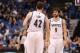 MINNEAPOLIS, MN - April 16: Kevin Love #42 and Ricky Rubio #9 of the Minnesota Timberwolves talk against the Utah Jazz on April 16, 2014 at Target Center in Minneapolis, Minnesota. NOTE TO USER: User expressly acknowledges and agrees that, by downloading and or using this Photograph, user is consenting to the terms and conditions of the Getty Images License Agreement. Mandatory Copyright Notice: Copyright 2014 NBAE (Photo by Jordan Johnson/NBAE via Getty Images)