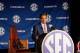 Jul 17, 2014; Hoover, AL, USA; Alabama Crimson Tide head coach Nick Saban talks to the media during the SEC football media days at the Wynfrey Hotel. Mandatory Credit: Marvin Gentry-USA TODAY Sports