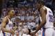 Oklahoma City Thunder's Russell Westbrook (0) and Kevin Durant (35) celebrate during the first half of Game 6 against the San Antonio Spurs in the Western Conference finals NBA basketball playoff series in Oklahoma City, Saturday, May 31, 2014. (AP Photo/Sue Ogrocki)