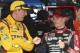May 2, 2014; Talladega, AL, USA; NASCAR Sprint Cup Series driver Kyle Busch (18) and driver Jeff Gordon (24) talk in the garage area during practice at Talladega Superspeedway. Mandatory Credit: Mike DiNovo-USA TODAY Sports