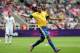 Brazil's Leandro Damiao celebrates his goal during their quarterfinal men's soccer match against Honduras at St James' Park in Newcastle, England, during the London 2012 Summer Olympics, Saturday, Aug. 4, 2012. (AP Photo/Scott Heppell)