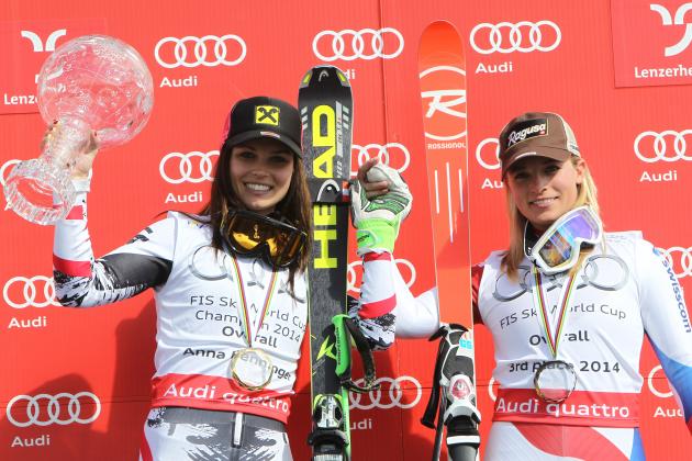 Austria's Anna Fenninger, left, alpine ski World Cup overall winner, poses with Switzerland's Lara Gut, third overall champion, at the alpine ski World Cup finals in Lenzerheide, Switzerland, Sunday, March 16, 2014.  (AP Photo/Armando Trovati)