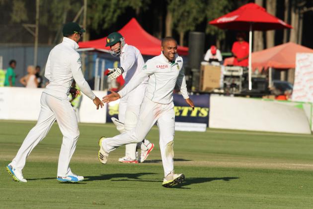 South African bowler Dane Piedt celebrates the wicket of Zimbabwean batsman Brendan Taylor during the  Test match against Zimbabwe at Harare Sports club, Saturday, Aug. 9, 2014. Zimbabwe won the toss and elected to bat on the first day of the one off test against South Africa in Harare. (AP Photo/Tsvangirayi Mukwazhi)