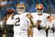 Cleveland Browns quarterback Johnny Manziel (2) throws as Brian Hoyer, right, watches before a preseason NFL football game at Ford Field in Detroit, Saturday, Aug. 9, 2014. (AP Photo/Rick Osentoski)