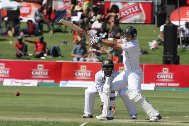 South African batsman Dean Elgar plays a shot during the Test match against Zimbabwe at Harare Sports club, Sunday, Aug. 10, 2014. Zimbabwe scored 256 runs all out  on the second day of the one off test against South Africa in Harare. (AP Photo/Tsvangirayi Mukwazhi)