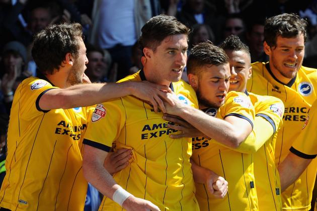 NOTTINGHAM, ENGLAND - MAY 03: Stephen Ward of Brighton & Hove Albion celebrates scoring their first goal during the Sky Bet Championship match between Nottingham Forest and Brighton & Hove Albion at City Ground on May 03, 2014 in Nottingham, England, (Photo by Tony Marshall/Getty Images)