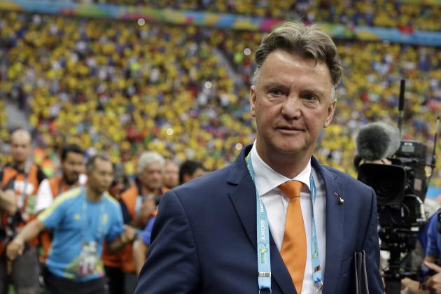 Netherlands' head coach Louis van Gaal arrives for the World Cup third-place soccer match between Brazil and the Netherlands at the Estadio Nacional in Brasilia, Brazil, Saturday, July 12, 2014. (AP Photo/Hassan Ammar)