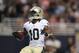 New Orleans Saints wide receiver Brandin Cooks (10) scores a touchdown on a 25-yard pass reception in the third quarter of a preseason NFL football game against the St. Louis Rams Friday, Aug. 8, 2014, in St. Louis. (AP Photo/L.G. Patterson)