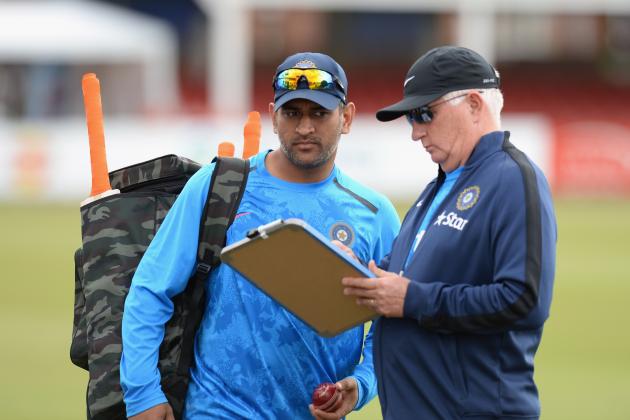 LEICESTER, ENGLAND - JUNE 25: M S Dhoni, Captain of India and Duncan Fletcher, Head Coach of India during the India Press Conference and Nets Session at Grace Road on June 25, 2014 in Leicester, England. (Photo by Tony Marshall/Getty Images)