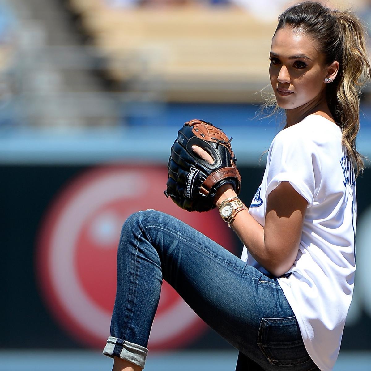 Jessica Alba Throws Out 1st Pitch From The Mound At Dodger