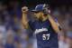 Milwaukee Brewers relief pitcher Francisco Rodriguez celebrates the last in the Brewers' 3-2 win over the Los Angeles Dodgers in a baseball game, Saturday, Aug. 16, 2014, in Los Angeles. (AP Photo/Mark J. Terrill)