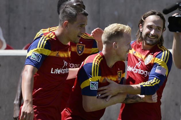 Aug 16, 2014; Sandy, UT, USA; Real Salt Lake players react to a goal by forward Joao Plata (8) during the second half against the Seattle Sounders FC at Rio Tinto Stadium. Real Salt Lake won 2-1. Mandatory Credit: Russ Isabella-USA TODAY Sports