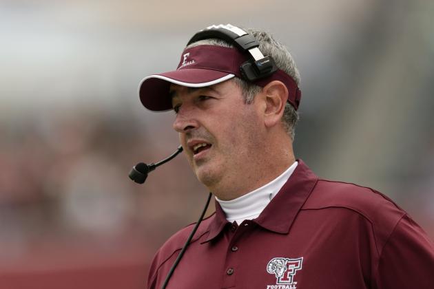 Sep 14, 2013; Philadelphia, PA, USA; Fordham Rams head coach Joe Moorhead along the sidelines during the second quarter against the Temple Owls at Lincoln Financial Field. Fordham defeated Temple 30-29. Mandatory Credit: Howard Smith-USA TODAY Sports