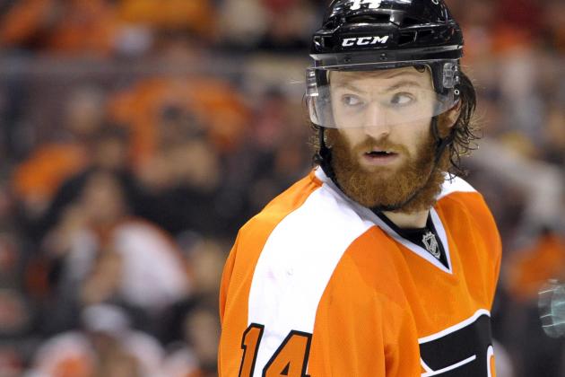 Mar 30, 2014; Philadelphia, PA, USA; Philadelphia Flyers center Sean Couturier (14) against the Boston Bruins during the second period at Wells Fargo Center. Mandatory Credit: Eric Hartline-USA TODAY Sports