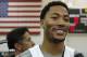 USA Basketball guard Derrick Rose of the Chicago Bulls speaks to the press after a team practice at the Brooklyn Nets training facility in East Rutherford, N.J., Tuesday, Aug. 19, 2014. Team USA faces the Dominican Republic at Madison Square Garden Wednesday night in advance of the FIBA World Cup Basketball tournament Aug. 30 through Sept. 14 in Spain. (AP Photo/Kathy Willens)