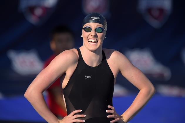 Missy Franklin smiles before swimming in the women's 200-meter freestyle at the U.S. national championships, Thursday, Aug. 7, 2014, in Irvine, Calif. Franklin took second in the event. (AP Photo/Mark J. Terrill)