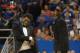 Oct 4, 2013; Lawrence, KS, USA; Kansas Jayhawks guard Andrew Wiggins (left) and center Joel Embiid perform a skit before scrimmage during Late Night at Allen Fieldhouse. Mandatory Credit: Denny Medley-USA TODAY Sports