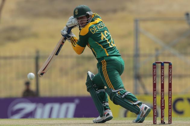 South African batsman Quinton de Kock plays a shot during the third one-day international cricket match between Sri Lanka and South Africa in Sooriyawewa, Sri Lanka, Saturday, July 12, 2014. (AP Photo/Eranga Jayawardena)