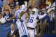 Indianapolis Colts' Da'Rick Rogers (16) celebrates with Donte Moncrief (10) after Rogers caught a 14-yard touchdown pass during the first half of an NFL preseason football game Saturday, Aug. 16, 2014, in Indianapolis. (AP Photo/Chris Howell)