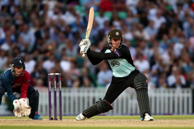 LONDON, ENGLAND - JULY 02: Jason Roy of Surrey hits out during the Natwest T20 Blast match between Surrey and Kent Spitfires at The Kia Oval on July 2, 2014 in London, England. (Photo by Jordan Mansfield/Getty Images)
