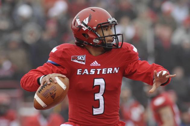 Dec 21, 2013; Cheney, WA, USA; Eastern Washington Eagles quarterback Vernon Adams (3) drops back for a pass against the Towson Tigers during the first half at Roos Field. Mandatory Credit: James Snook-USA TODAY Sports