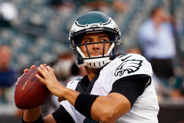 Philadelphia Eagles' Mark Sanchez warms up before an NFL preseason football game against the Pittsburgh Steelers, Thursday, Aug. 21, 2014, in Philadelphia. (AP Photo/Matt Rourke)