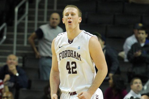 December 15, 2012; Brooklyn, NY, USA; Fordham Rams center Ryan Canty (42) reacts to taking a late lead during the second half of an NCAA men's basketball game against the Princeton Tigers at the Barclays Center. Mandatory Credit: Brad Penner-USA TODAY Sports