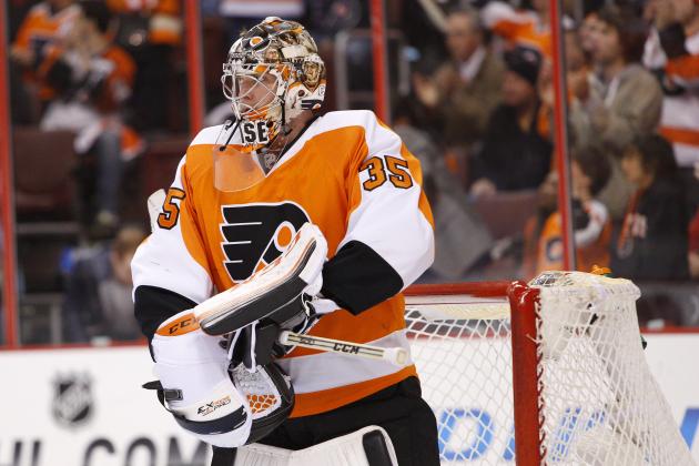 Philadelphia Flyers' Steve Mason looks on during the second period in Game 6 of an NHL hockey first-round playoff series against the New York Rangers, Tuesday, April 29, 2014, in Philadelphia. The Flyers won 5-2. (AP Photo/Chris Szagola)
