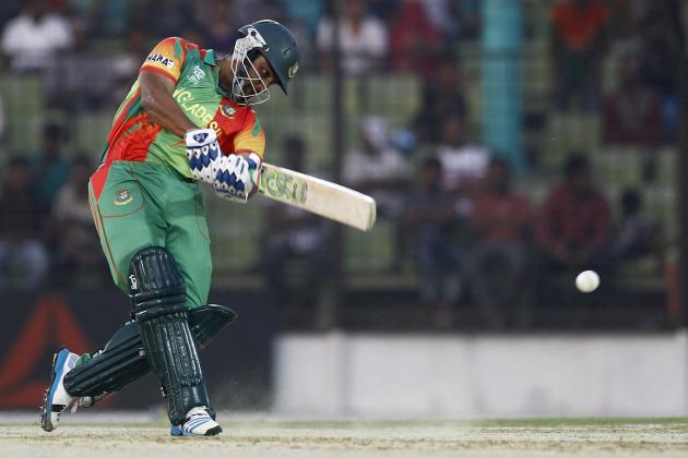Bangladeshi cricketer Tamim Iqbal plays a shot during a warm-up cricket match against United Arab Emirates ahead of the Twenty20 World Cup Cricket in Fatullah, near Dhaka, Bangladesh, Wednesday, March 12, 2014. (AP Photo/A.M. Ahad)
