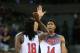 LAS PALMAS, GRAN CANARIA, SPAIN - AUGUST 26:Kenneth Faried #18 and Anthony Davis #14 of the USA Men's National Team celebrates against the Slovenia National Team on August 26, 2014 at Gran Canaria Arena in Las Palmas, Gran Canaria, Spain. NOTE TO USER: User expressly acknowledges and agrees that, by downloading and or using this photograph, user is consenting to the terms and conditions of the Getty Images License Agreement. Mandatory Copyright Notice: Copyright 2014 NBAE (Photo by Joe Murphy/NBAE via Getty Images)