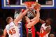 NEW YORK, NY - APRIL 16: Tyler Hansbrough #50 of the Toronto Raptors attempts a shot as Cole Aldrich #45 and Tim Hardaway Jr. #5 of the New York Knicks defend in the second half during an NBA basketball game at Madison Square Garden on April. 16, 2014 in New York City. The Knicks defeated the Raptors 95-92. NOTE TO USER: User expressly acknowledges and agrees that, by downloading and/or using this Photograph, user is consenting to the terms and conditions of the Getty Images License Agreement. (Photo by Rich Schultz /Getty Images)