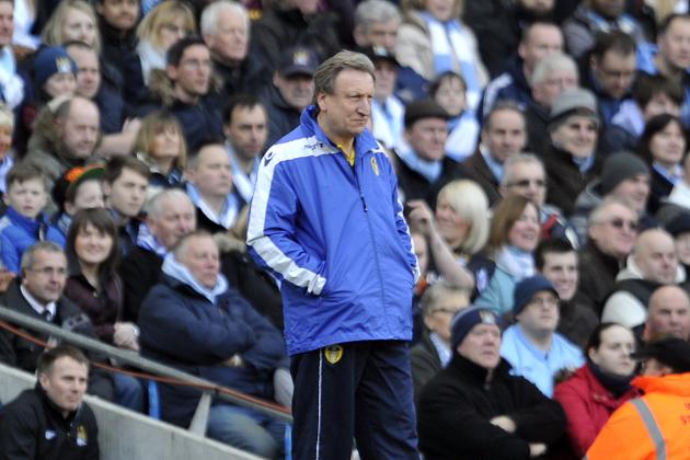 Leeds United's manager Neil Warnock during their English FA Cup fifth round soccer match against Manchester City at the Etihad Stadium in Manchester, England, Sunday Feb. 17, 2013. (AP Photo/Clint Hughes)