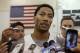 USA Basketball guard Derrick Rose of the Chicago Bulls speaks to the press after a team practice at the Brooklyn Nets training facility in East Rutherford, N.J., Tuesday, Aug. 19, 2014. Team USA faces the Dominican Republic at Madison Square Garden Wednesday night in advance of the FIBA World Cup Basketball tournament Aug. 30 through Sept. 14 in Spain. (AP Photo/Kathy Willens)