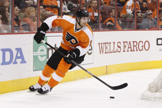 Philadelphia Flyers' Braydon Coburn in action during the third period in Game 3 of an NHL hockey first-round playoff series against the New York Rangers, Tuesday, April 22, 2014, in Philadelphia. The Rangers won 4-1. (AP Photo/Chris Szagola)
