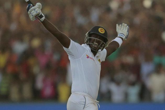 Sri Lankan cricket captain Angelo Mathews celebrates after scoring the winning run against Pakistan during their first test cricket match in Galle, Sri Lanka, Sunday, Aug.10, 2014. Sri Lanka won by seven wickets. (AP Photo/Eranga Jayawardena)