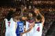 BILBAO, SPAIN - AUGUST 30: Teammates Kenneth Faried #7, Anthony Davis #14, and Stephen Curry #4 of the USA Basketball Men's National Team high-five during a game against the Finland Basketball Men's National Team during the 2014 FIBA World Cup at Bizkaia Arena in Bilbao Exhibition Centre on August 30, 2014 in Bilbao, Spain. NOTE TO USER: User expressly acknowledges and agrees that, by downloading and/or using this Photograph, user is consenting to the terms and conditions of the Getty Images License Agreement. Mandatory Copyright Notice: Copyright 2014 NBAE (Photo by Nathaniel S. Butler/NBAE via Getty Images)