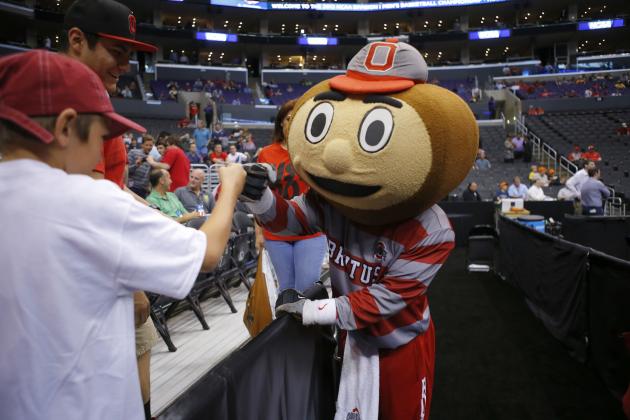 Ohio State's mascot Brutus Buckeye appears before the start of a West Regional semifinal against Arizona in the NCAA college basketball tournament, Thursday, March 28, 2013, in Los Angeles. (AP Photo/Jae C. Hong)