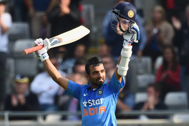 BIRMINGHAM, ENGLAND - SEPTEMBER 02: Ajinka Rahane of India celebrates his century during the 4th Royal London One-Day International match between England and India at Edgbaston on September 2, 2014 in Birmingham, England. (Photo by Shaun Botterill/Getty Images)