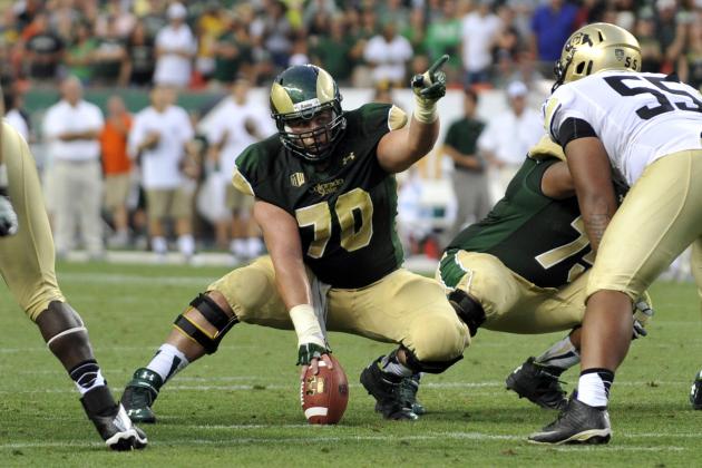 Colorado State Rams offensive linesman Weston Richburg (70) lines up against Colorado during the second half of an NCAA college football game Sunday Sept. 1, 2013, in Denver. Colorado beat Colorado State 41-27 to win the Rocky Mountain Showdown.(AP Photo/Jack Dempsey)