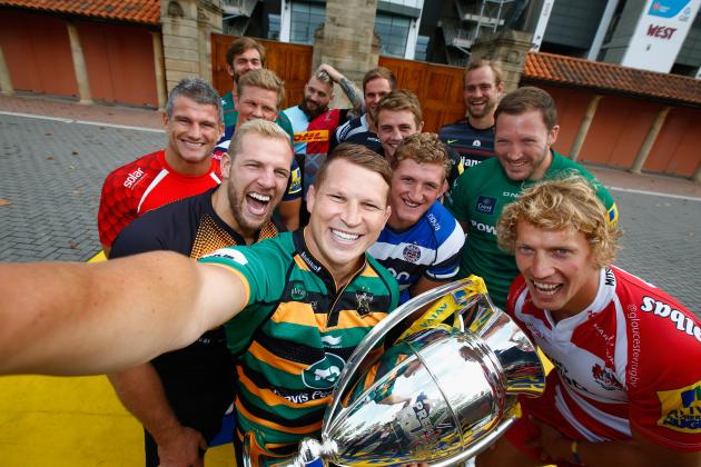 LONDON, ENGLAND - AUGUST 27:  Alistair Hargreaves of Saracens, Geoff Parling of Leicester Tigers,  Will Welch of Newcastle Falcons,  Dean Mumm of Exeter Chiefs,  James Haskell of Wasps, Daniel Braid of Sale Sharks,  Dylan Hartley of Northampton Saints,  Billy Twelvetrees of Gloucester Rugby,  Joe Marler of Harlequins,  Stuart Hooper of Bath Rugby, Tom May of London Welsh pose for a selfie during the Aviva Premiership Rugby 2014-2015 Season Launch at Twickenham Stadium on August 27, 2014 in London, England.  (Photo by Clive Rose/Getty Images for Aviva)