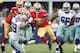 ARLINGTON, TX - SEPTEMBER 07: Carlos Hyde #28 of the San Francisco 49ers carries the ball as Brandon Carr #39 of the Dallas Cowboys tries to make the tackle in the second half at AT&T Stadium on September 7, 2014 in Arlington, Texas. (Photo by Christian Petersen/Getty Images)